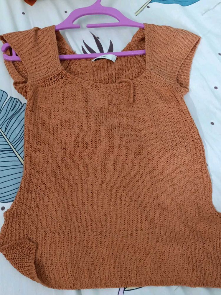 Brown Knit Square Neck Top