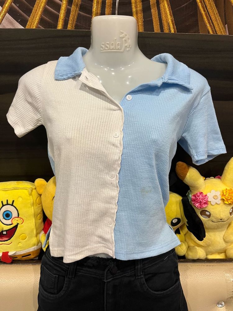 Two-Tone Sky Blue &amp; White Button-Up Ribbed Polo To