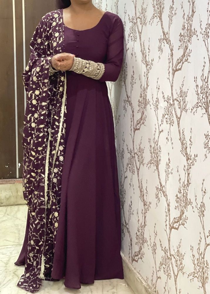 Wine Anarkali Long Suit With Dupatta