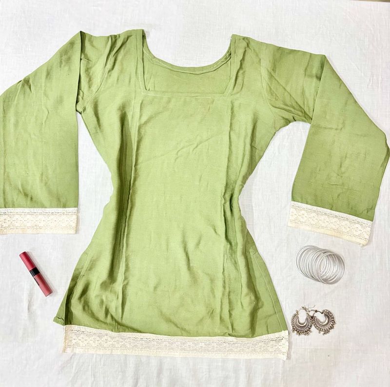 Green Pinteresty Short Kurti with Lace Trim