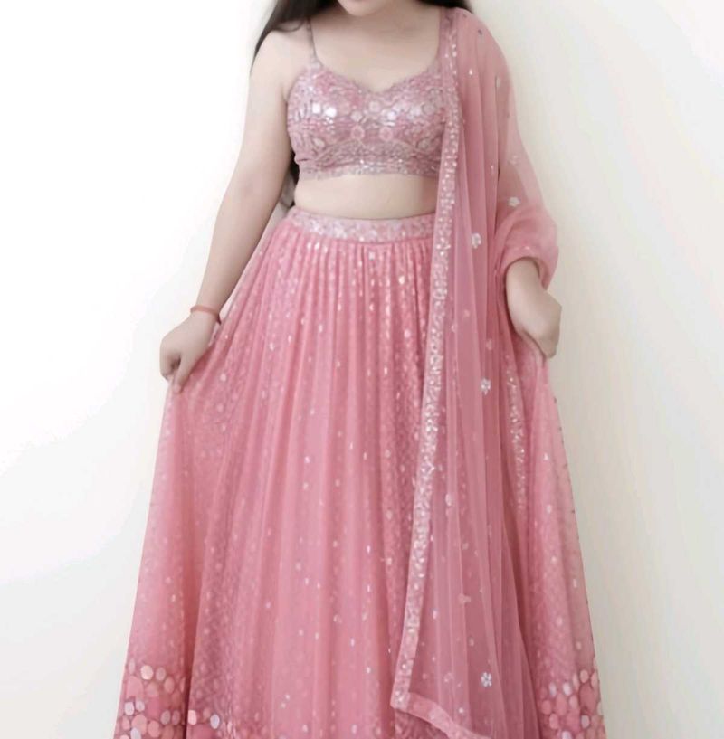 Designer Peach-Pink Embroidered Heavy Lehenga Set