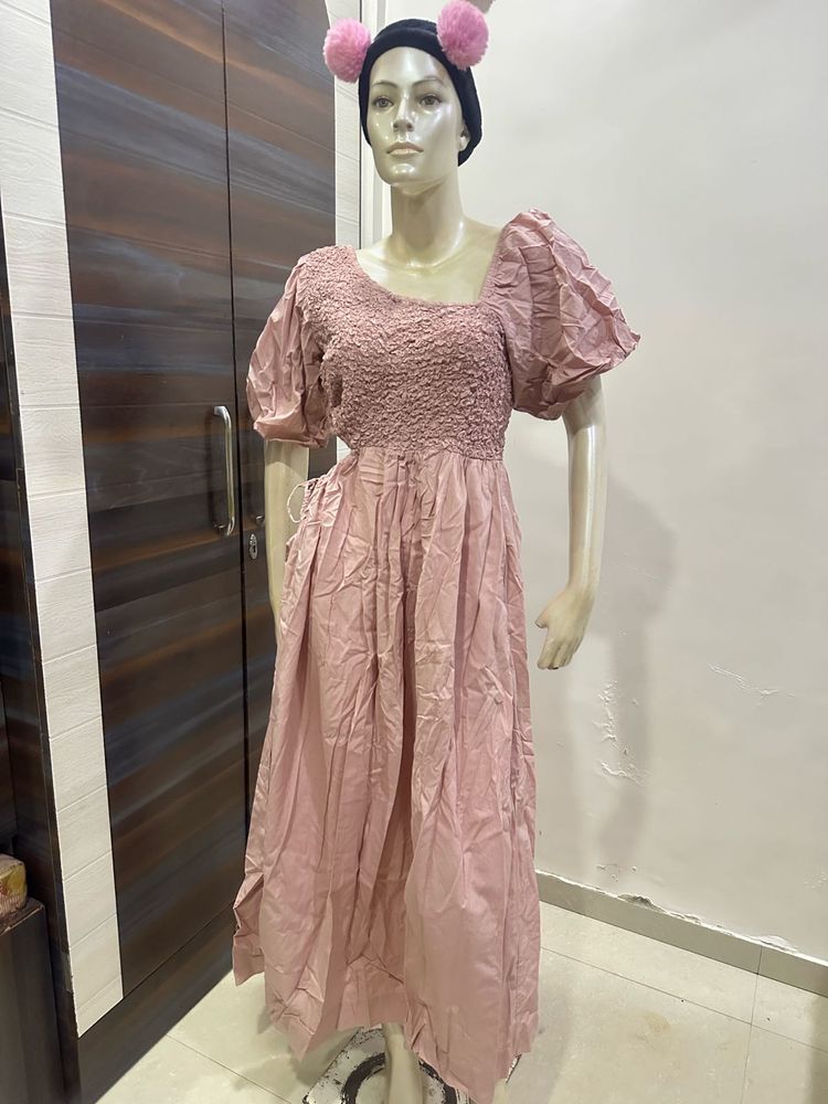 Pink Puff Sleeve Midi Dress