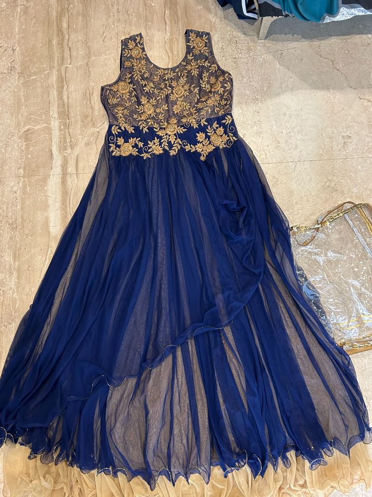 Elegant Navy Blue Embroidered Gown Golden And Roya