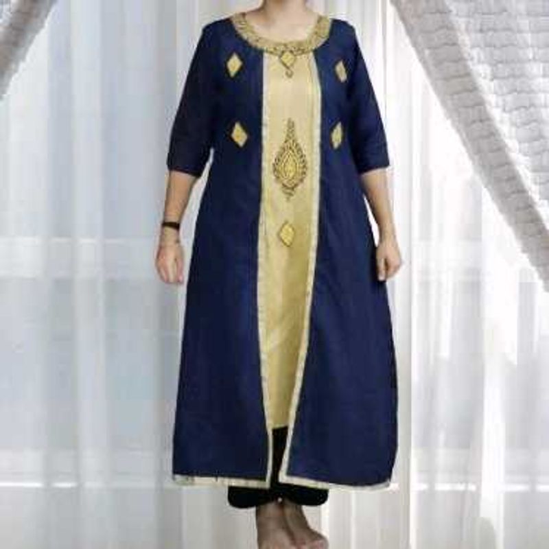 Elegant Navy &amp; Gold Embroidered Dress