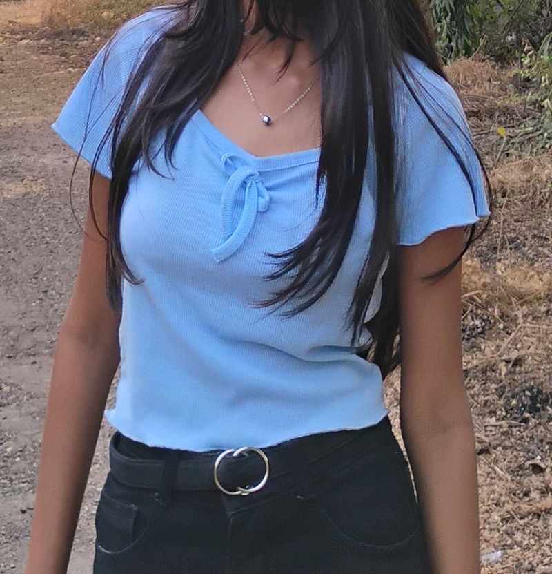 Cute Blue Tie-Front Top