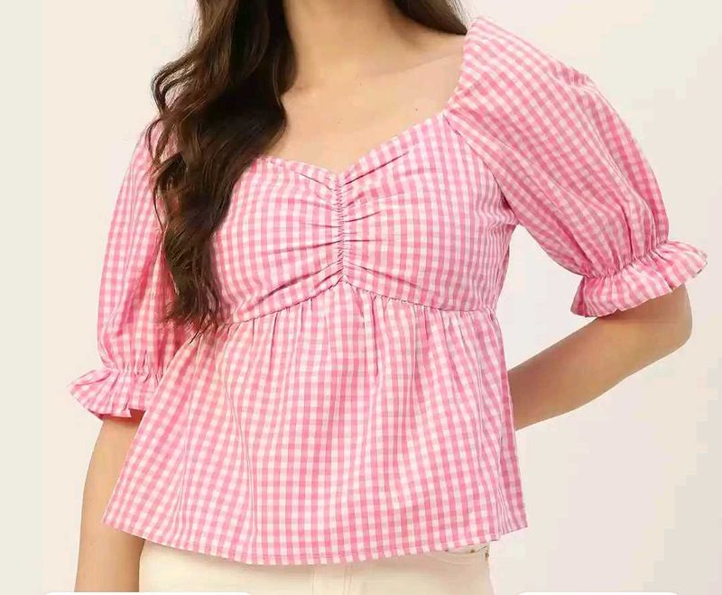 Pink And White Checked ( Gingham) Neck Blouson Top