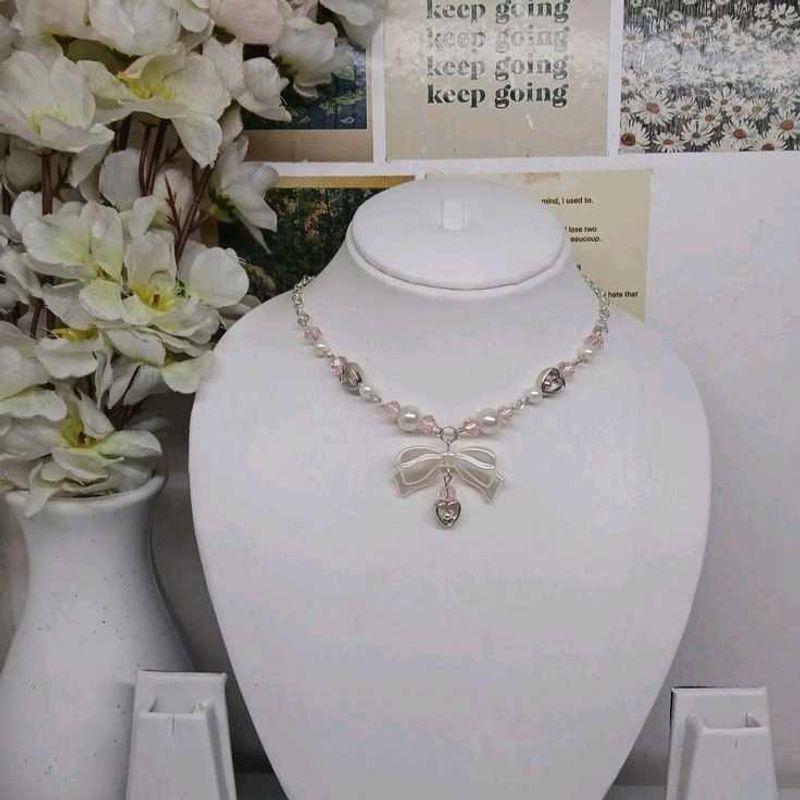 Pearl &amp; Bow Charm Necklace