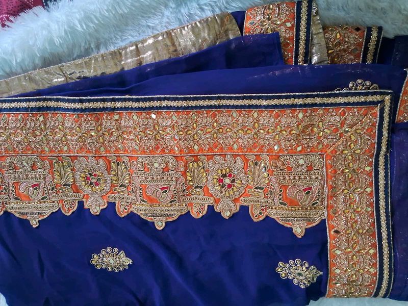 Navy Blue &amp; Orange Embroidered Saree