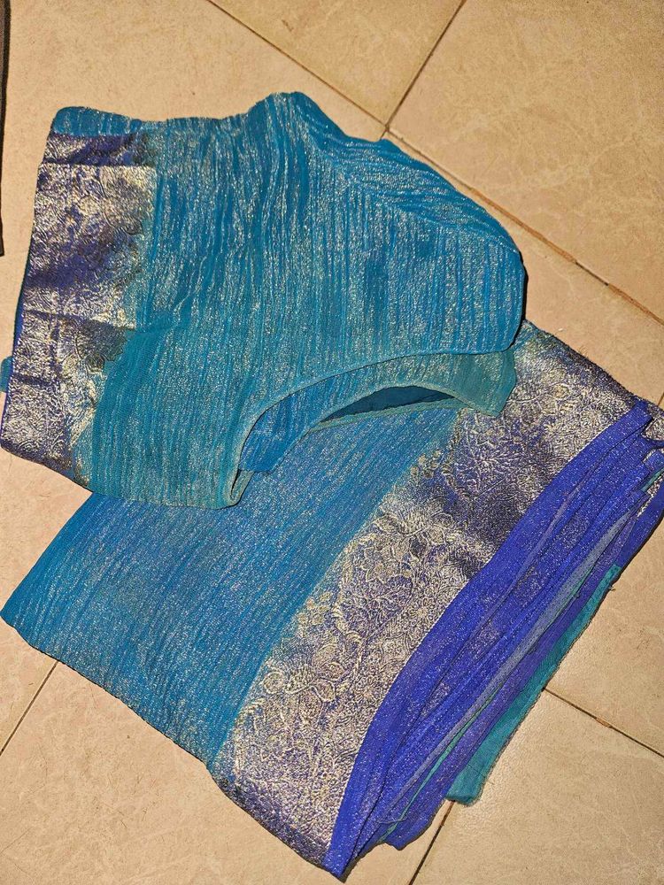 Blue Crepe Saree With Blouse