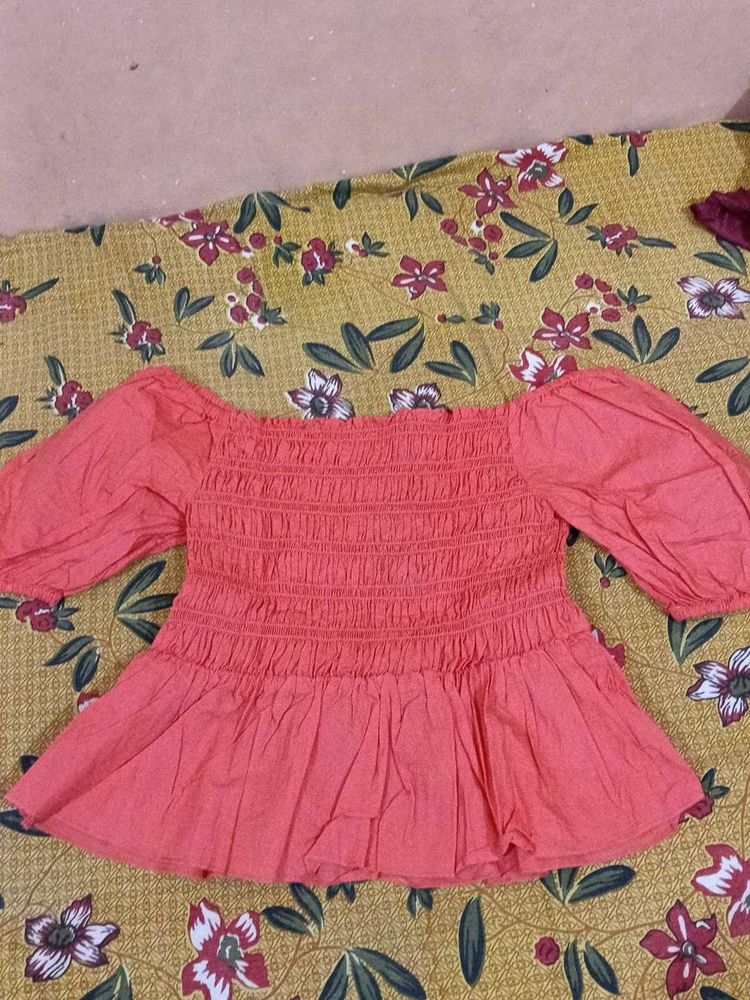 Coral Off-Shoulder Smocked Top