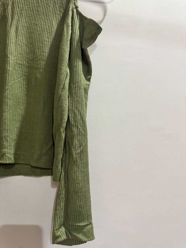 Olive Green Ribbed Cold Shoulder Top