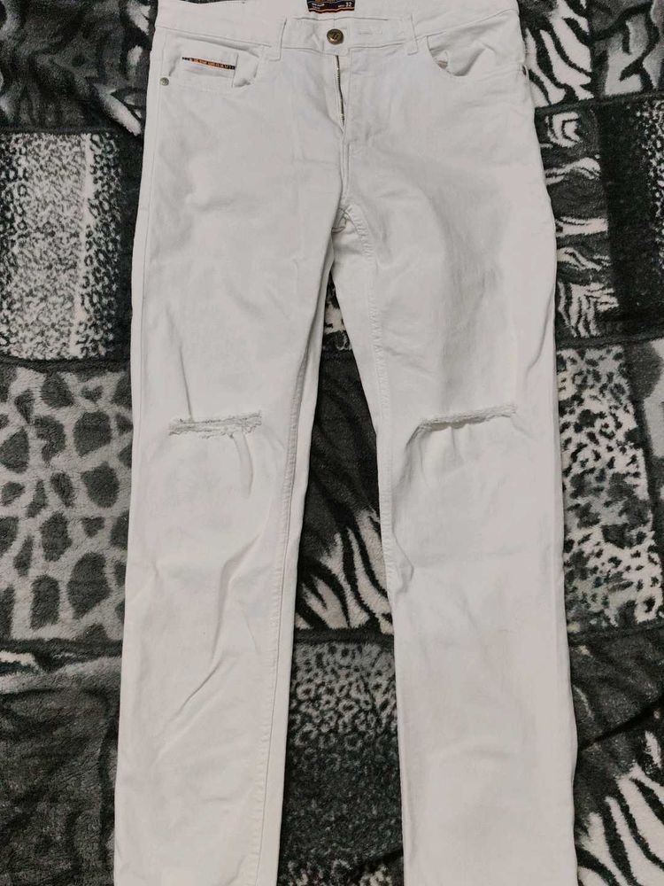 White Cotton Blend Jeans Pant