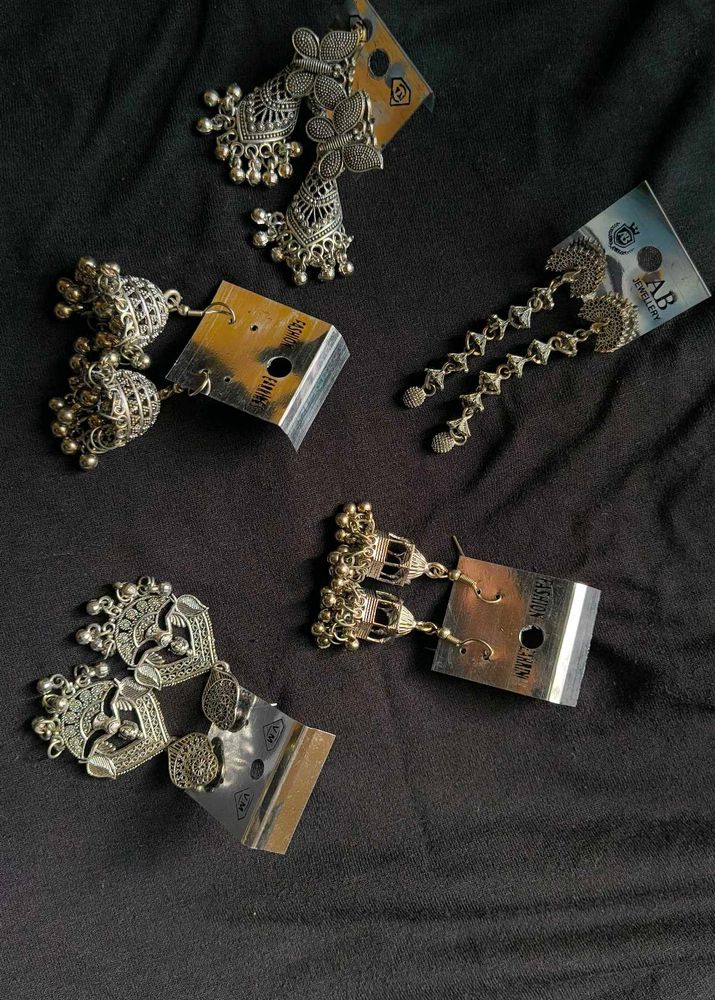 Silver Jhumka Earrings Set -5pc - 200