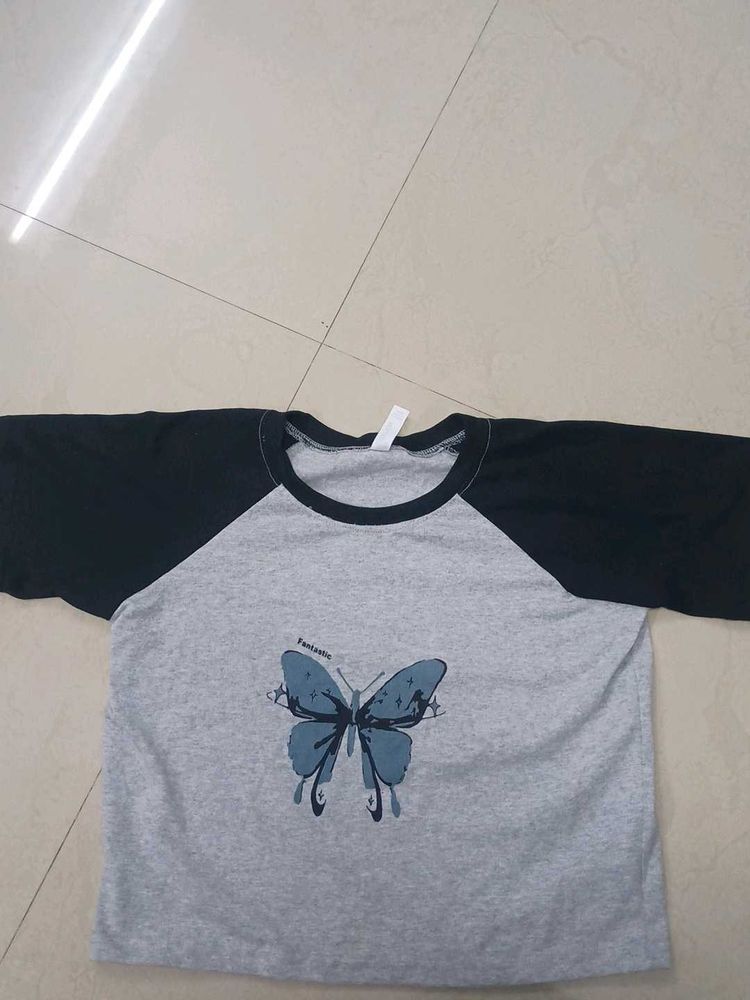 Grey Butterfly Printed Crop Top .