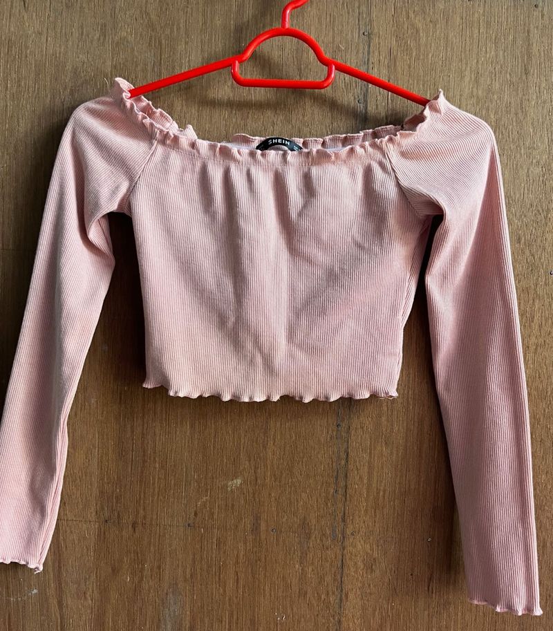 Pink Ribbed Off Shoulder Crop Top
