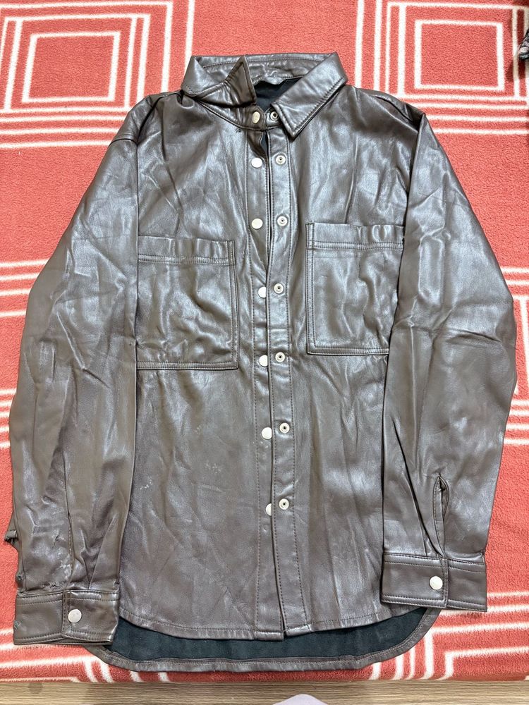 Brown Faux Leather Shirt Jacket