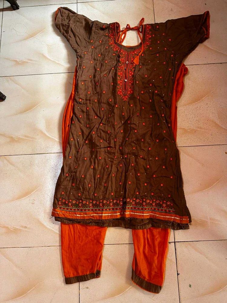 Brown Embroidered Kurta Set