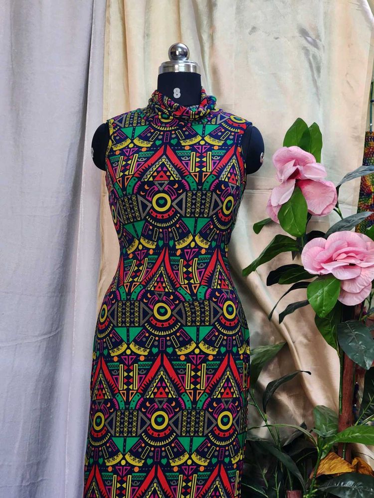Vibrant Geometric Print Mock Neck Dress