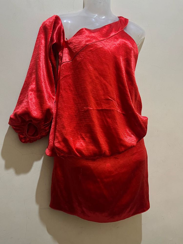Red One-Shoulder Satin Mini Dress