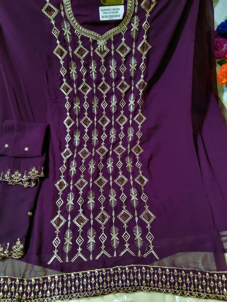Purple Embroidered N Stones Work Suit