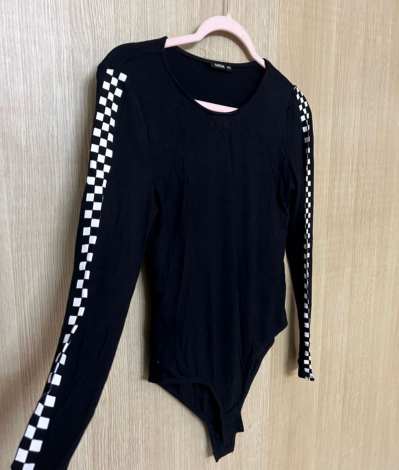 Sporty Black Bodysuit with Checkerboard Sleeves