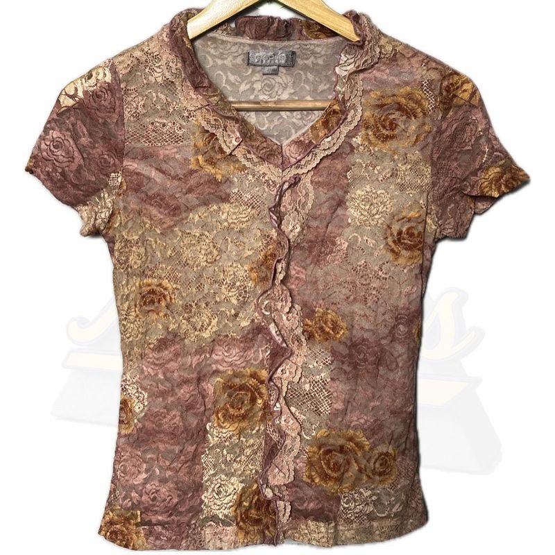 Lace Rose Print Ruffle Blouse