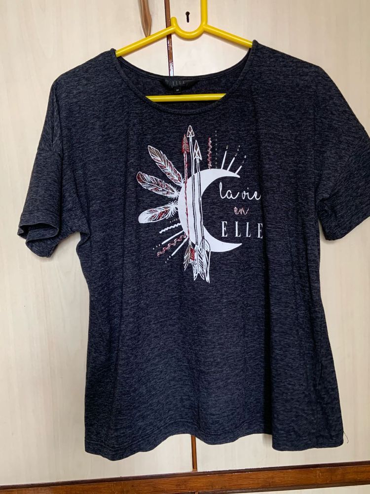 ELLE Women Charcoal Grey Printed T-shirt