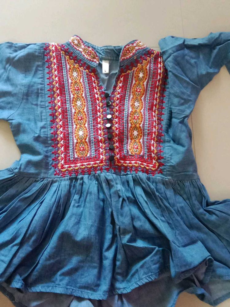 Embroidered Denim Look Top