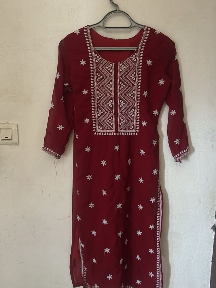 Maroon Embroidered Kurta