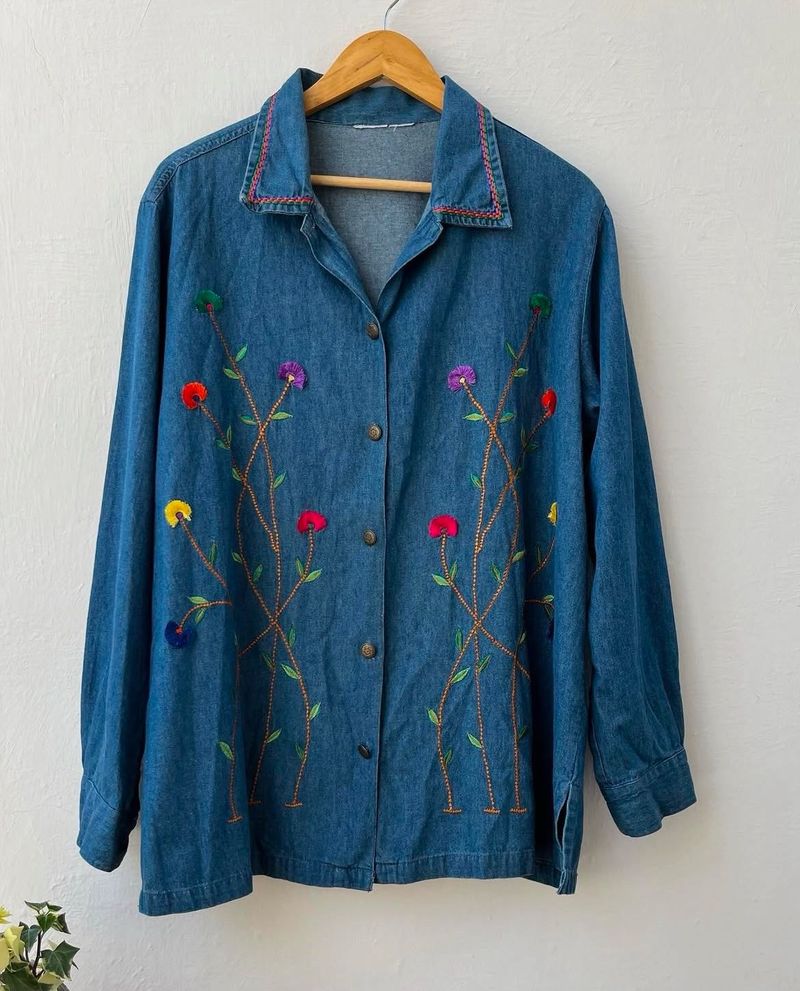 Vintage Flower Embroidered Denim Shirt