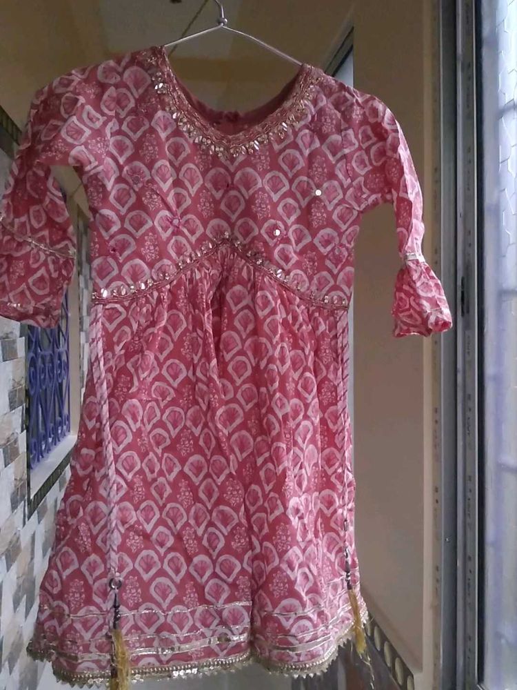 Pink &amp; White Printed Anarkali