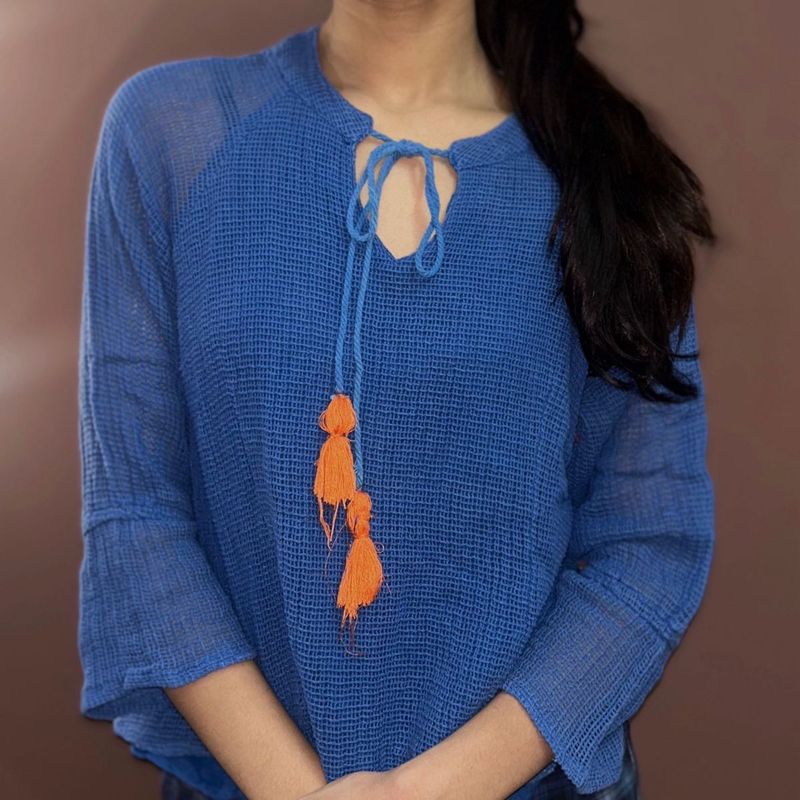 Boho Blue Knit Tassel Tie Top