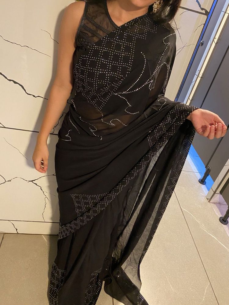 embellished stone studded Elegant Black Saree