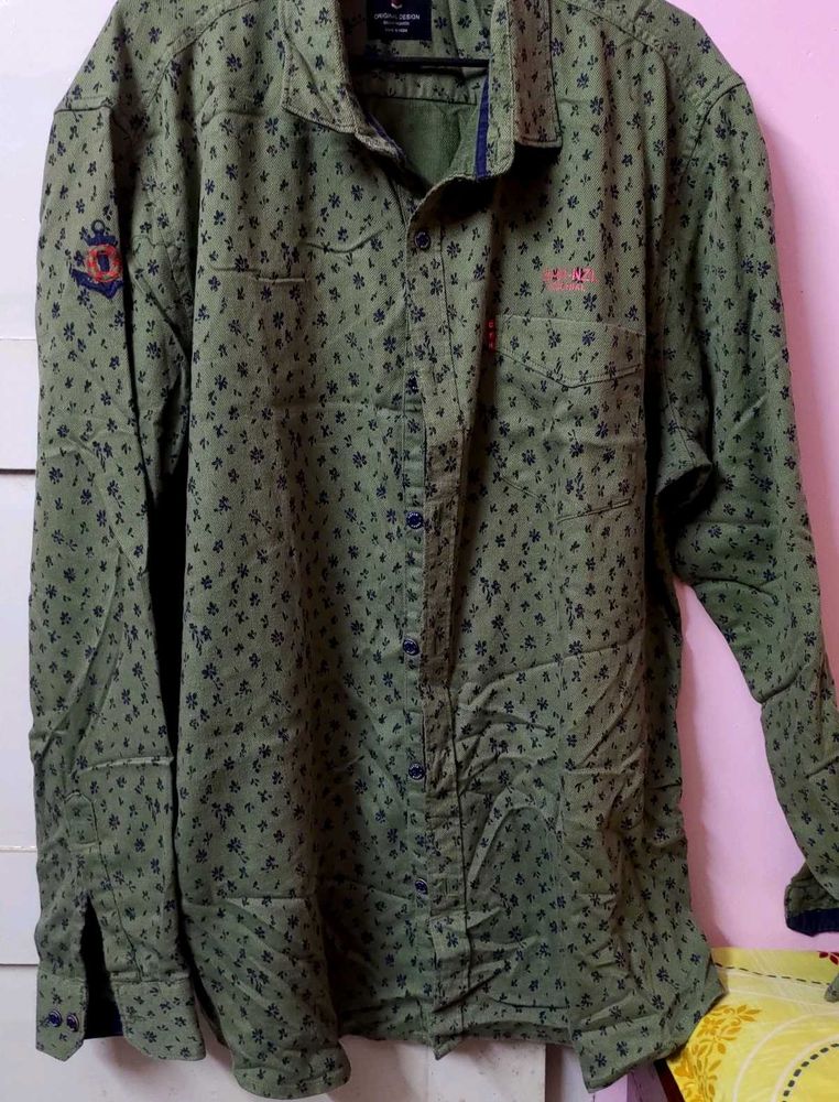 Olive Green Floral Print Shirt with Graphic Stitch