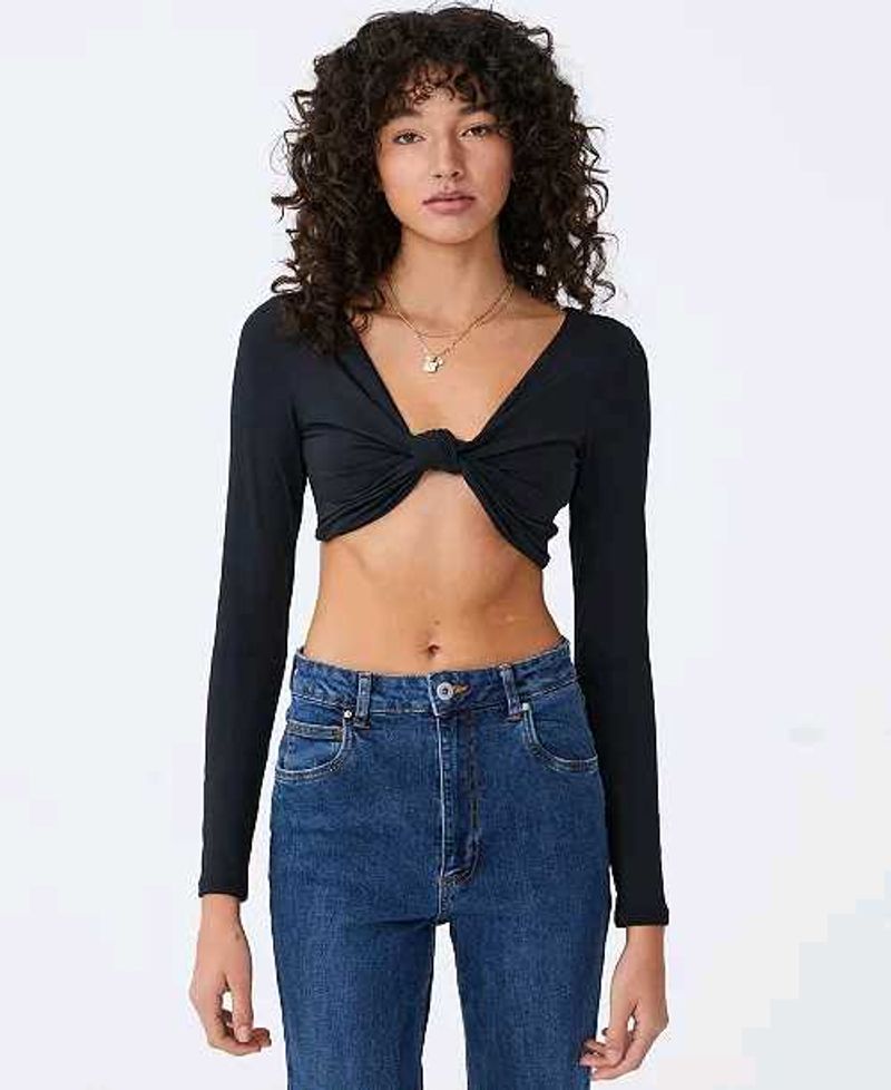 🖤Cotton:On Black Front-Knot Long Sleeve Crop