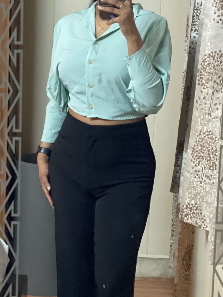 Mint Green Cropped Button-Up Shirt