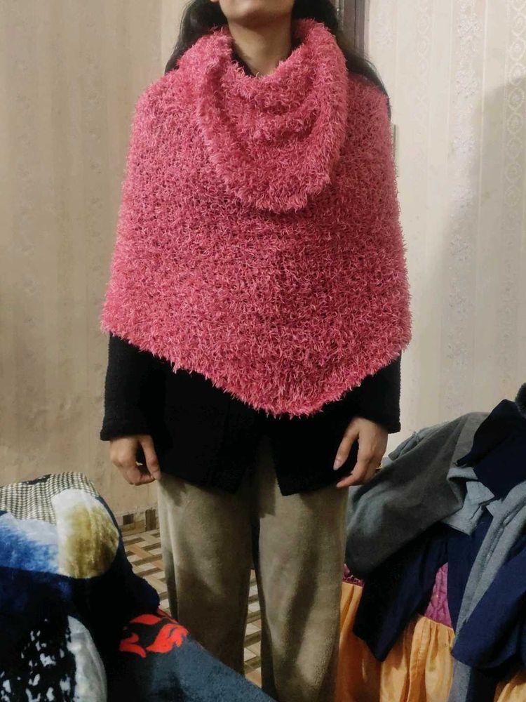 Cozy Pink Poncho with Cowl Neck