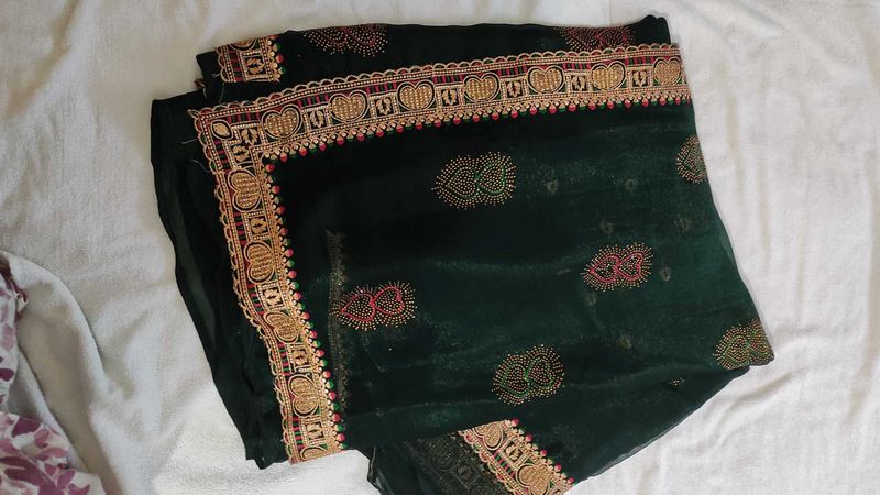 Emerald Green Saree with Rich Gold Zari Border - N