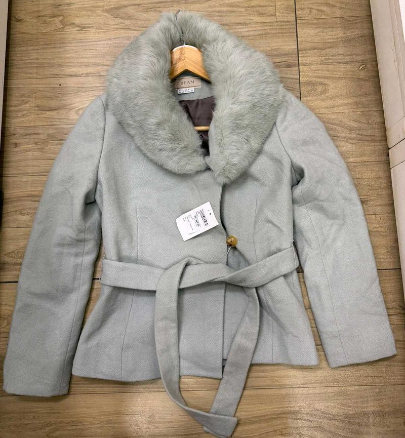 Korean Cream Fur Collar Belted Coat
