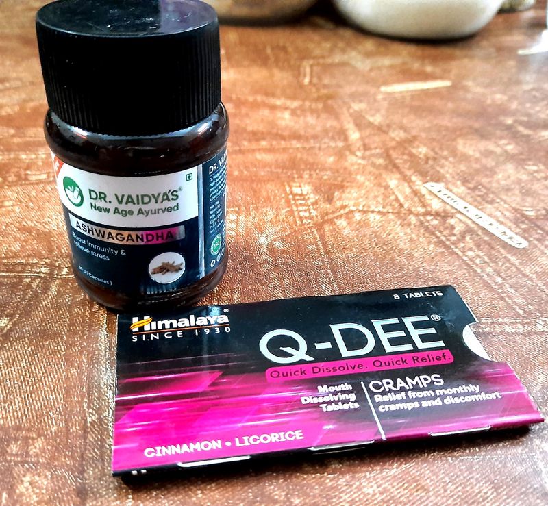 Two Ayurveda Medicines Dr. Vaidya&#39;s Ashwagandha Boosts Immunity and Relieves Stress And Himalaya Q-Dee Cramps Relief