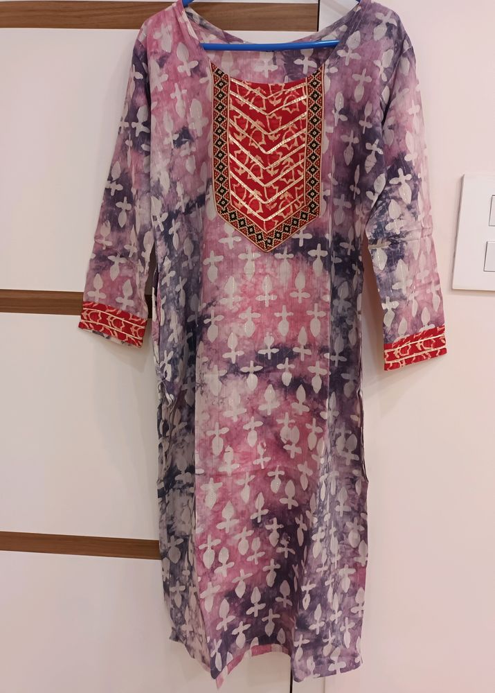 Pink &amp; Purple Chanderi Batik With Pocket Kurti