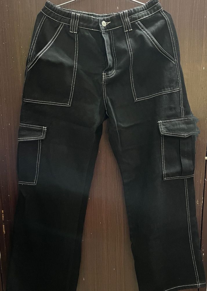Black Cargo Jeans with White Stitching