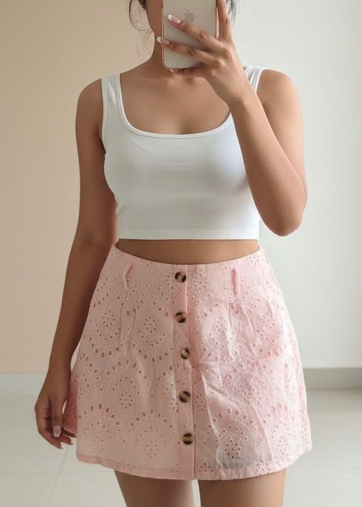Peach Embroidered Skirt with attached shorts