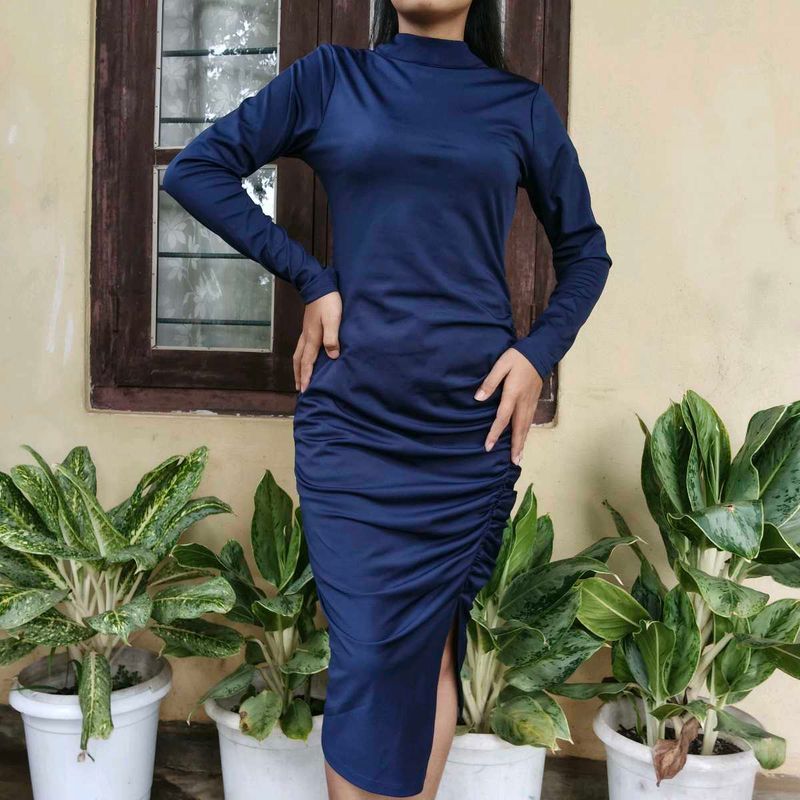 Navy Blue Ruched Midi Dress
