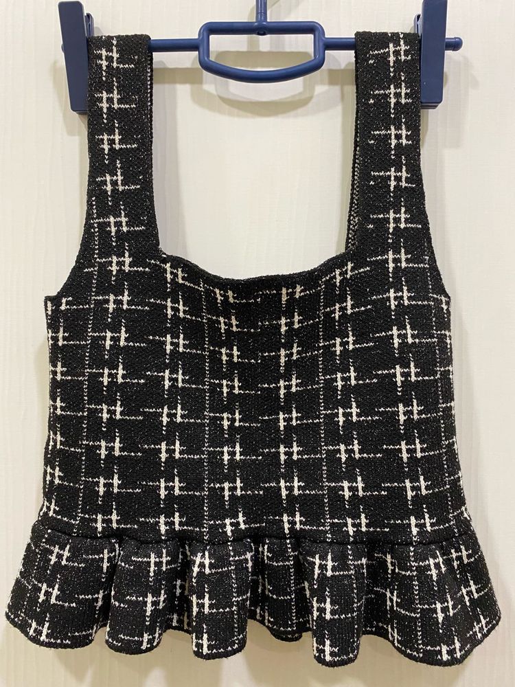Zara Plaid Black &amp; White Formal Top