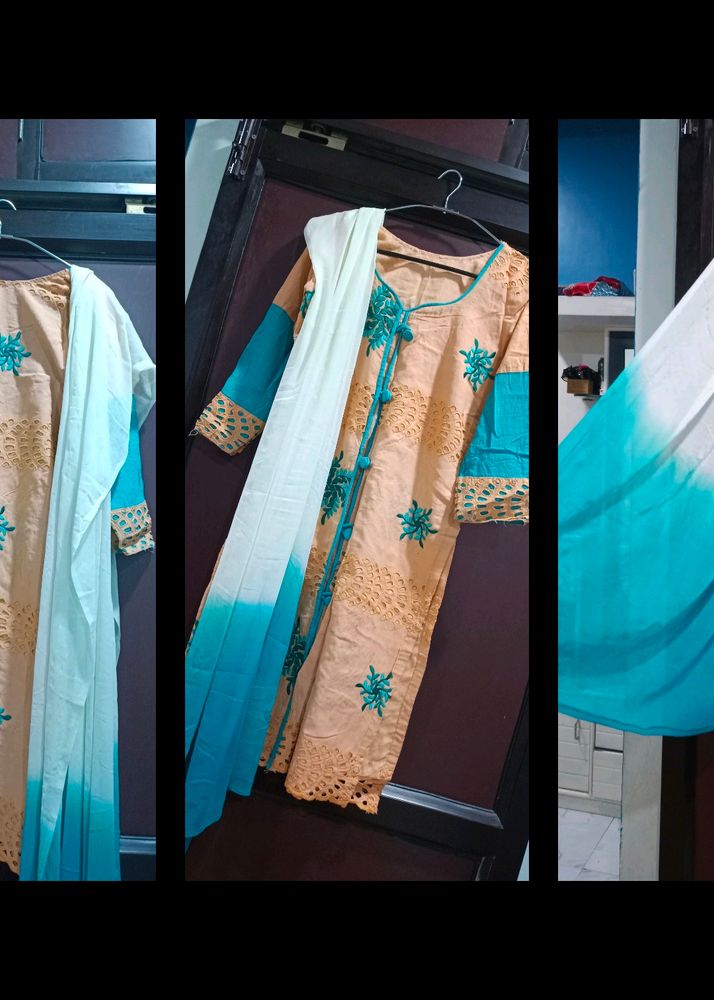 Chikan Embroidery Full Suit Set With Dupatta