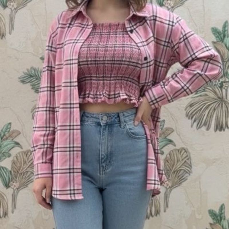 Pink Plaid Top &amp; Shirt Set
