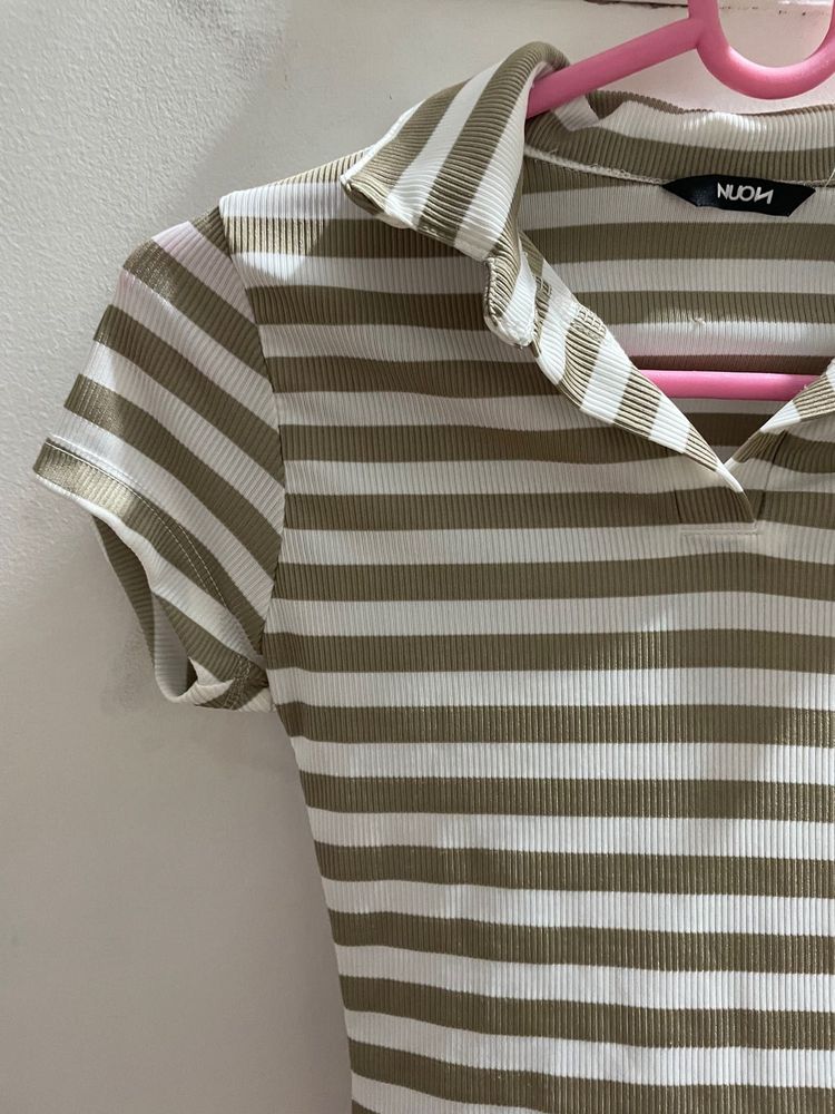 Westside Olive Green And White Stripes Top