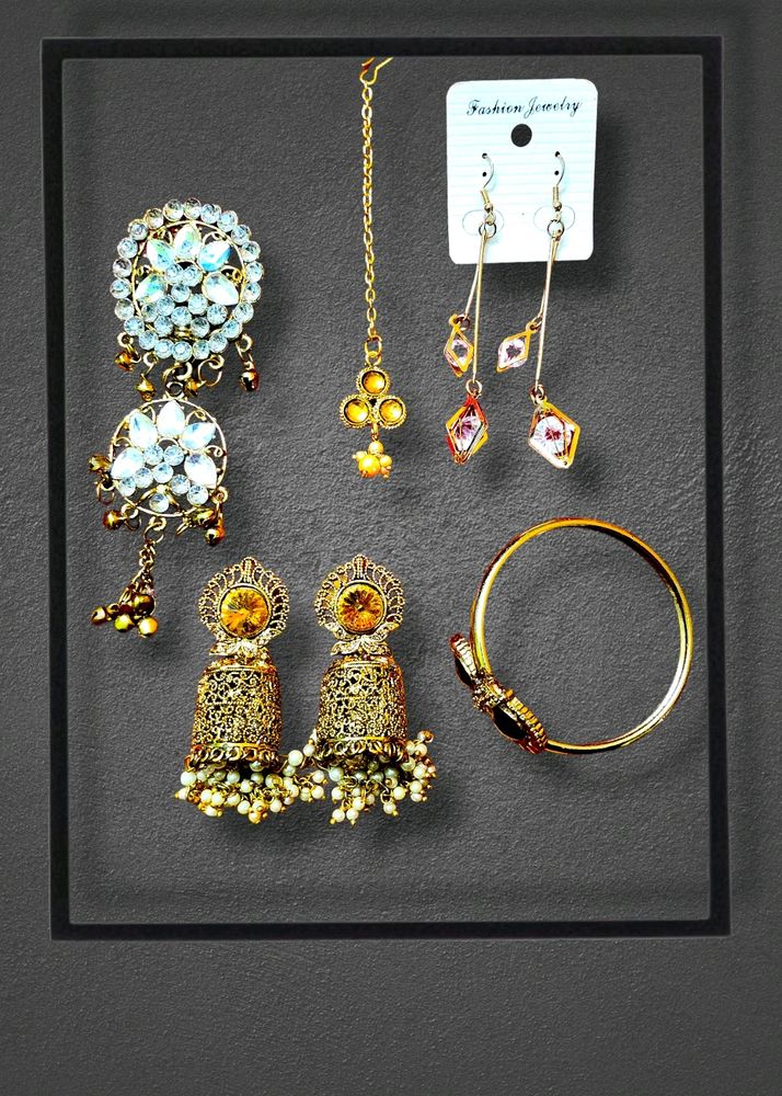 Golden Ear Ring(2pcs),Bracelet,Mangtika,Hair Crown