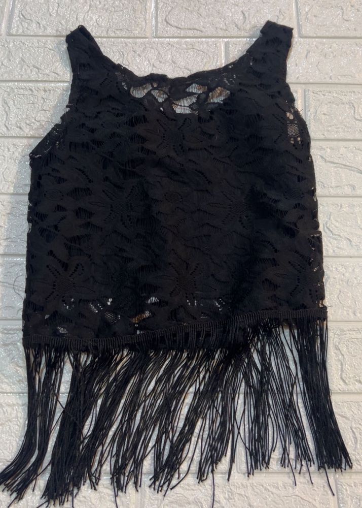 Black Fringe Lace Tank Top